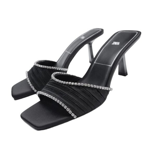 Zara Black Rhinestone High Heel Sandals Size 7.5 US 38 Square Toe Slip On New - Picture 6 of 12
